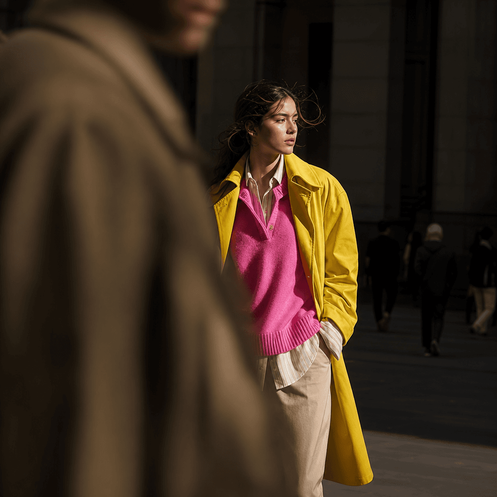 Bright layered casual outfit on a model in a shadowy urban plaza, a passerby close to the lens creating a soft cinematic