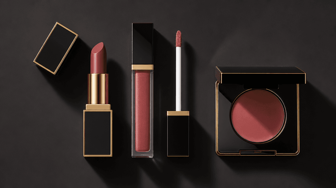 Flat-lay editorial arrangement of three luxury lip products on a smooth dark surface — matte lipstick, gloss wand, and l