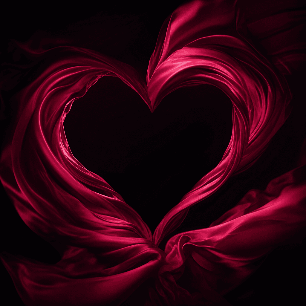Empty heart-shaped portal formed from luminous ruby silk in a near-black studio, dramatic folds suspended in motion, foc