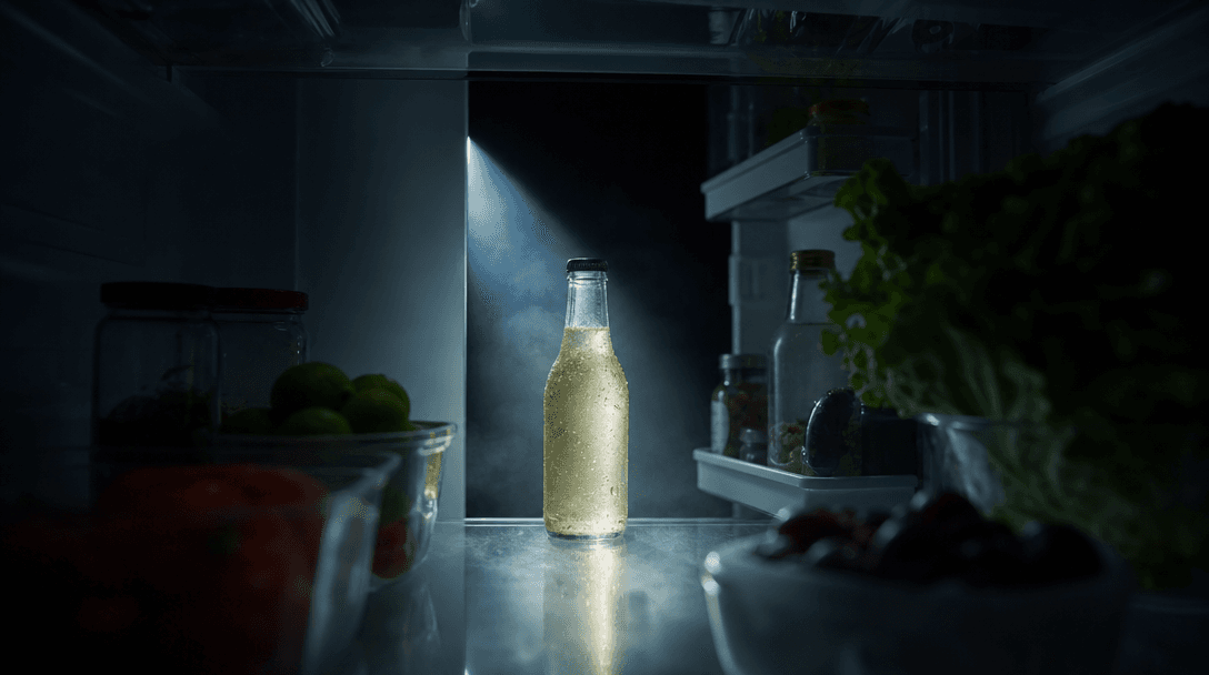 Refrigerator door opening into darkness to reveal one illuminated beverage bottle on a glass shelf, viewpoint from deep 