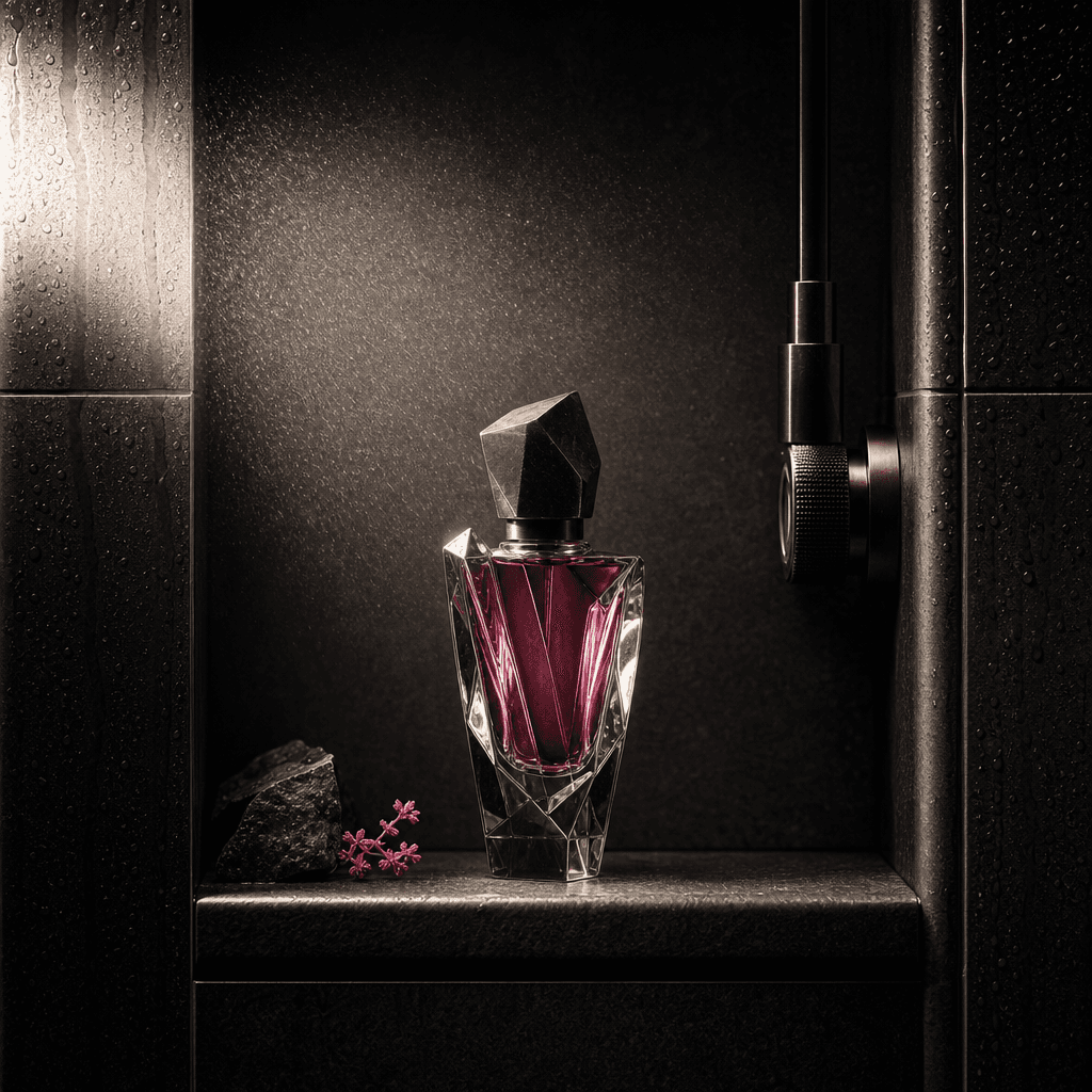 A sculptural perfume bottle centered inside a tiled shower niche as a fine mist catches dramatic side light, dark editor