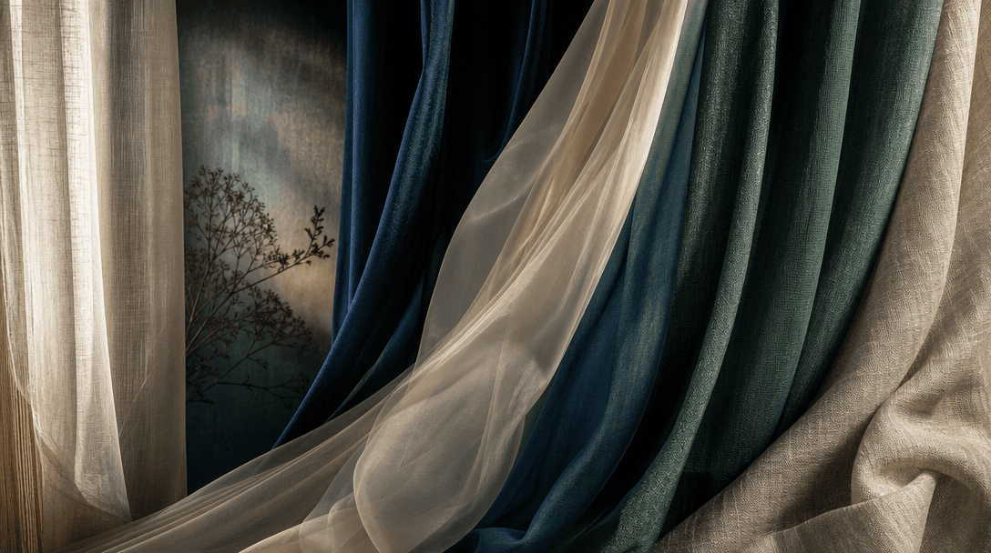Abstract artistic composition showing variety through layered curtain fabrics in different styles overlapping: sheer, ve