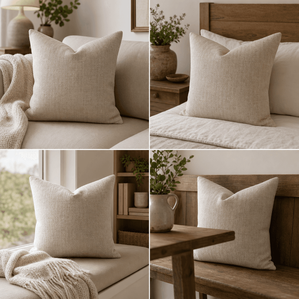 AI-generated 2×2 lifestyle collage of a linen throw pillow in four home interior settings — cozy sofa corner, bedroom he