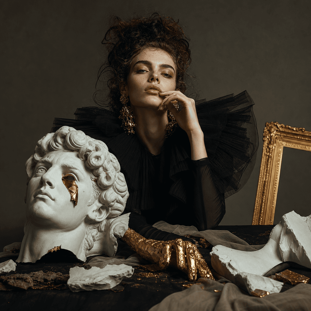 A creative high-fashion portrait featuring unique props and dramatic lighting, set in an elegant studio. The composition