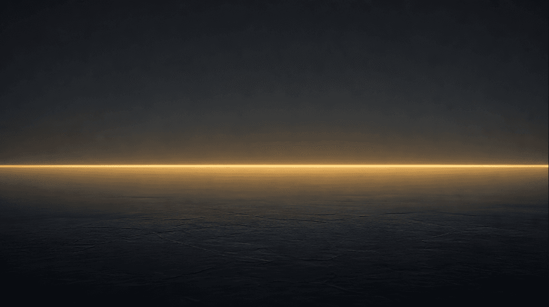 Minimalist geometric composition — a very dark slate foreground surface with a single thin line of golden horizon light 