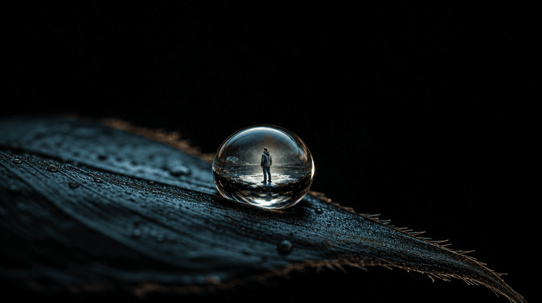 Abstract macro photography: a single raindrop on a dark leaf surface contains a perfectly reflected, intricately detaile