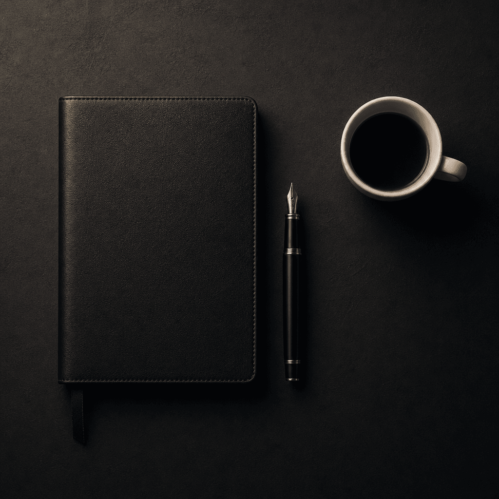 Overhead flat-lay editorial product shot of a dark matte leather notebook, gold-nib fountain pen, and a single white cer
