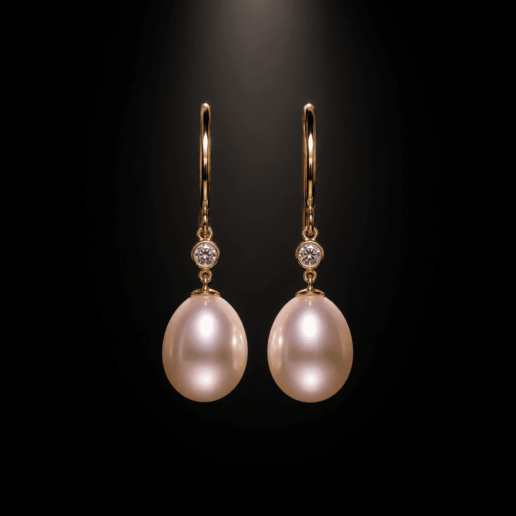 A pair of pearl drop earrings suspended against a near-black studio background, spotlit from directly above. Lustrous na