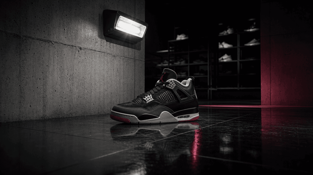 A premium sneaker placed unexpectedly on polished black tile beneath a stark industrial security light, distant retail s