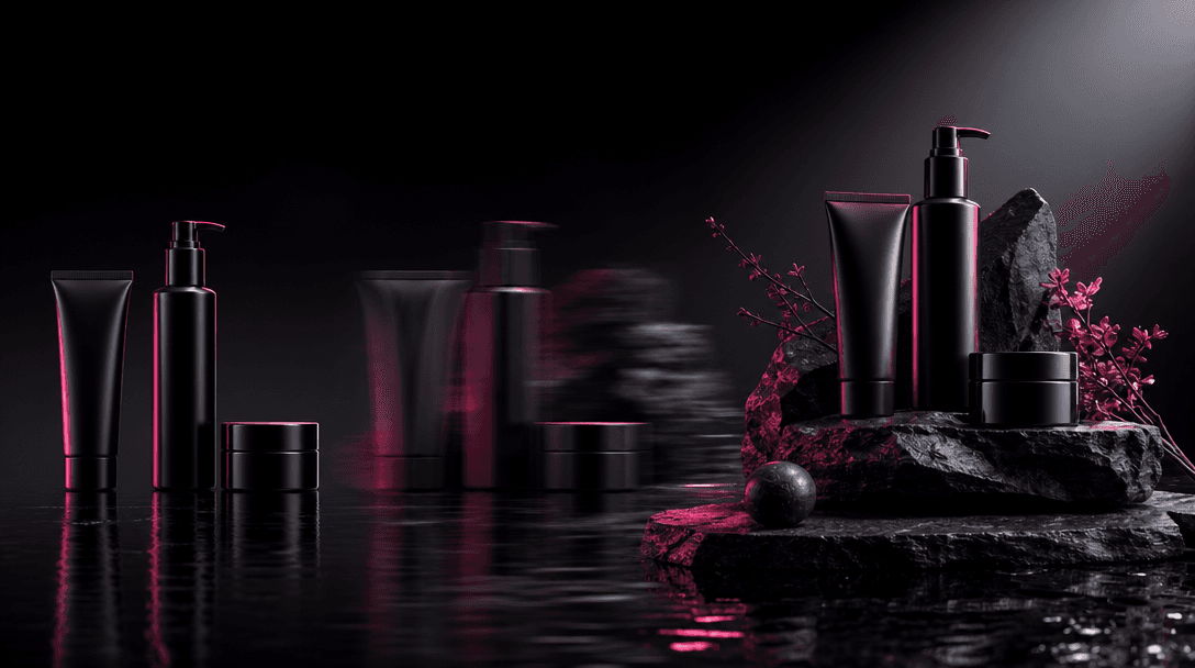 A premium beauty still life transforming from simple isolated product vessels into a polished campaign arrangement acros