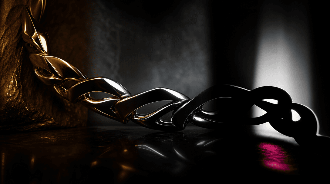 A jewelry-like metallic form passing through several zones of light, from warm gold to cool silver to high-contrast silh