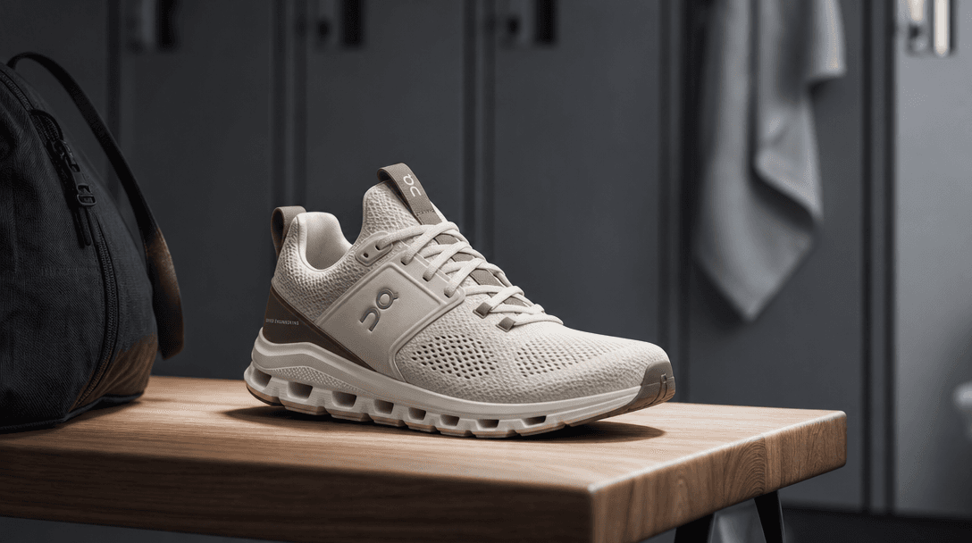 Minimalist composition showing athletic shoe seamlessly integrated into soft-focus locker environment with professional 