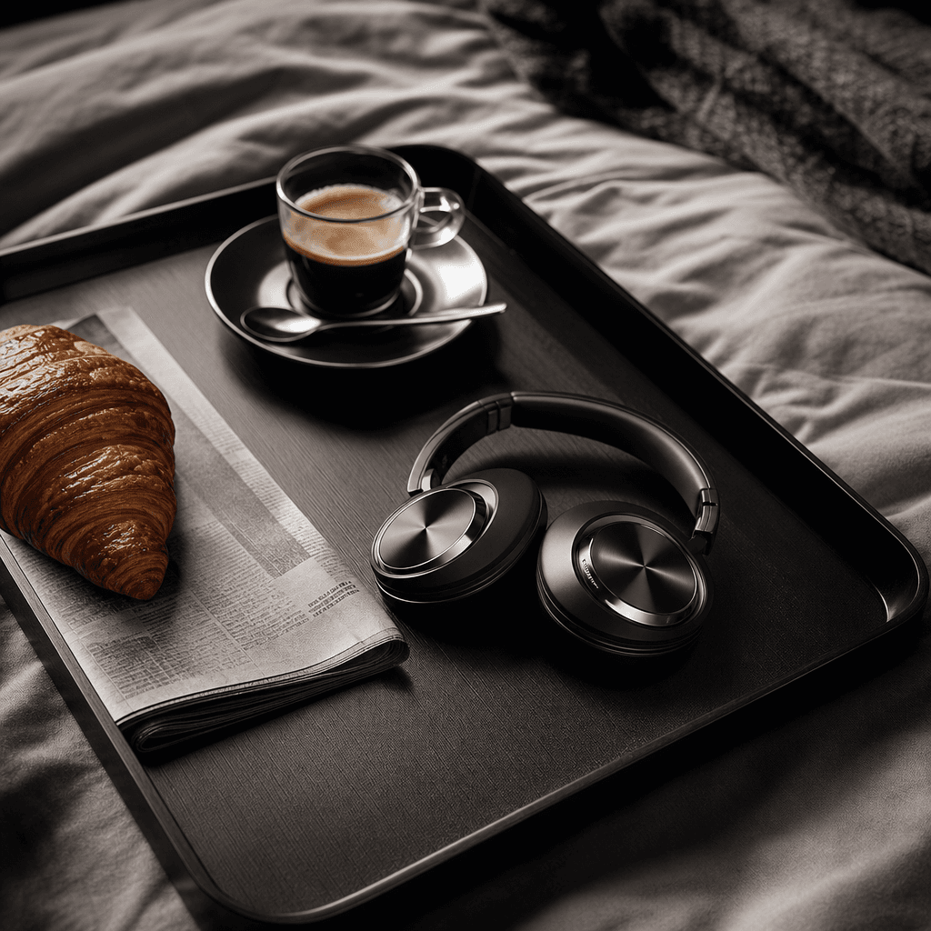 Compact wireless headphones arranged on a minimalist black breakfast tray with an espresso, folded newspaper texture, an