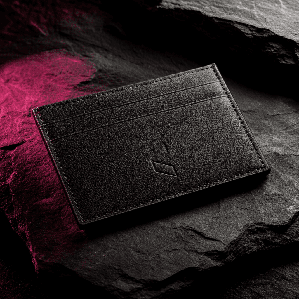 A premium leather card holder carrying a subtle abstract brand emblem, centered on charcoal stone with directional studi