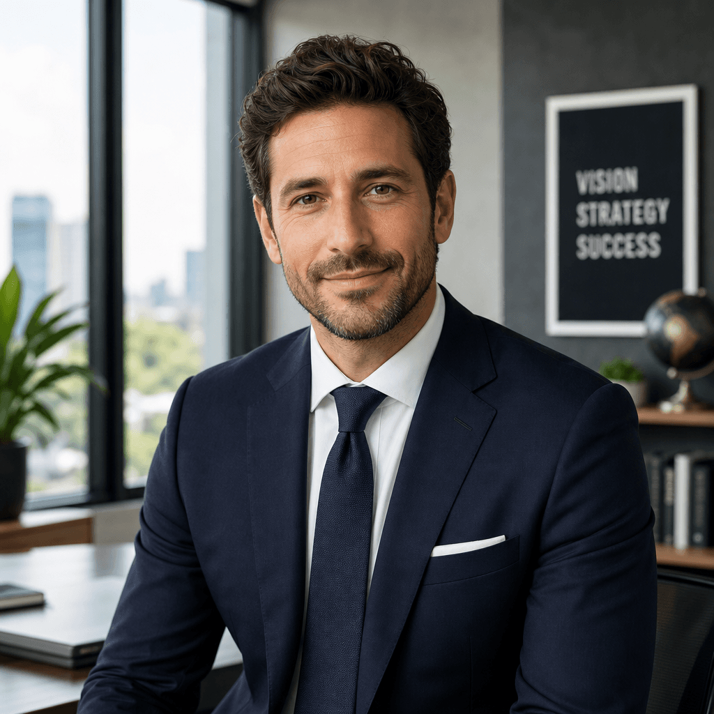 A striking business portrait of a man in a formal suit, exuding confidence and approachability. The background features 