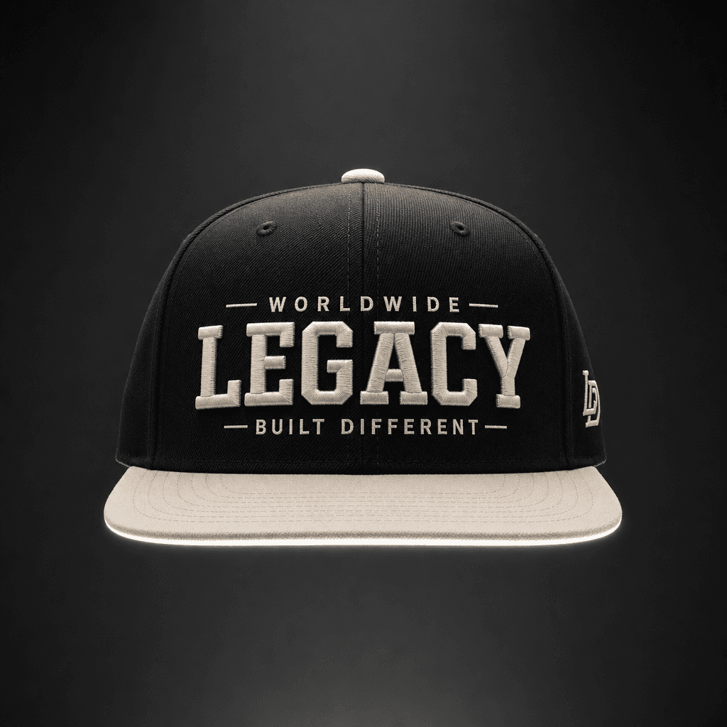 Streetwear flat-brim snapback in a black and bone colorblock, floating against a deep charcoal gradient background, symm