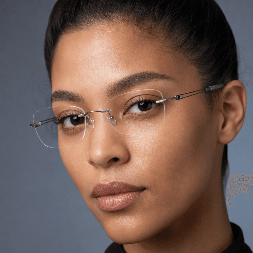 Close-up portrait of a person wearing slim rimless titanium optical frames, cool blue-grey neutral background, soft diff