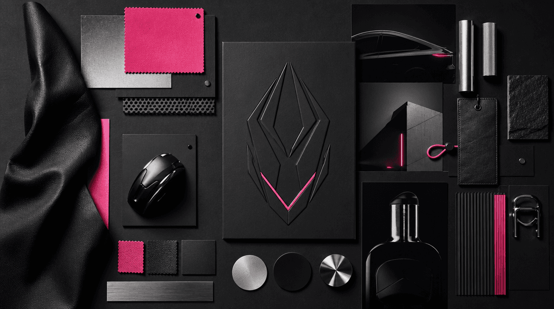 A creative director's physical moodboard made from black paper, metallic samples, leather swatches, product silhouettes,