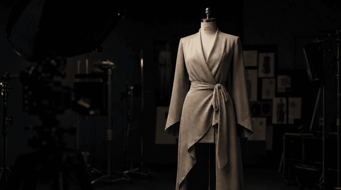 A quiet dark fashion studio after a shoot, single finished outfit illuminated on a mannequin while cameras and light sta