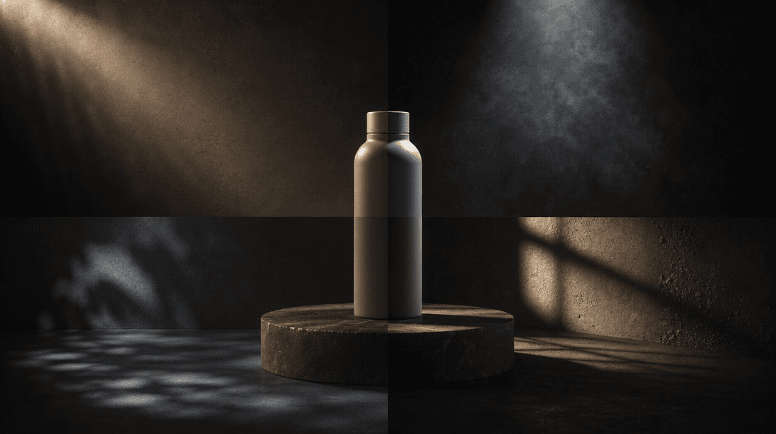 Four distinct cinematic light treatments converging around one neutral product object, each casting different shadow tex