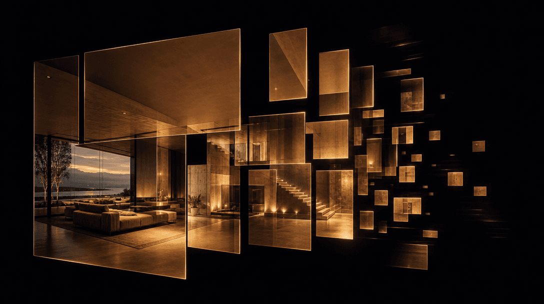 Abstract scene of a single architectural interior photograph dissolving into multiple luminous floating panels of varyin
