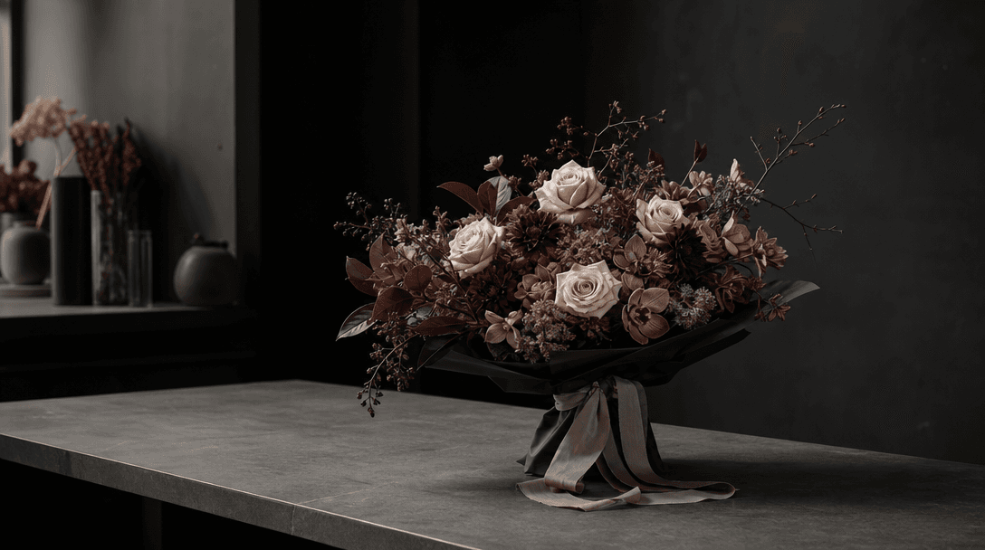A finished luxury bouquet isolated on a long matte worktable inside a minimal floral studio, surrounded by carefully con