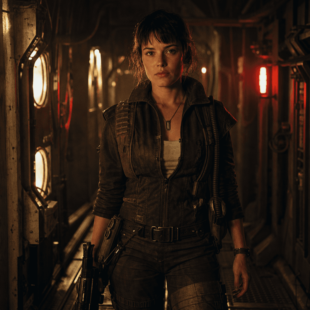 An original 1990s-inspired sci-fi adventurer portrait inside a dim industrial corridor, practical costume details, warm 