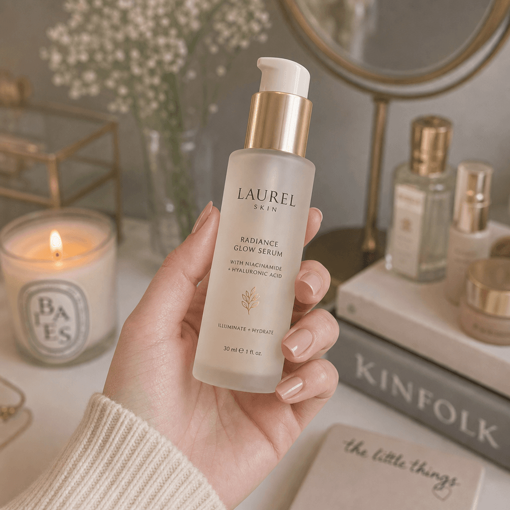 Visualize a beauty product in hand with a blurred background of a vanity setup, creating a lifestyle feel that resonates