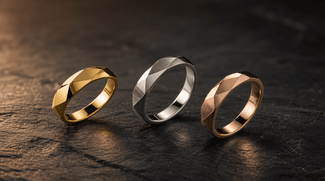Three elegant ring forms — gold, silver, and rose gold — arranged in a subtle arc on dark stone surface, each caught at 