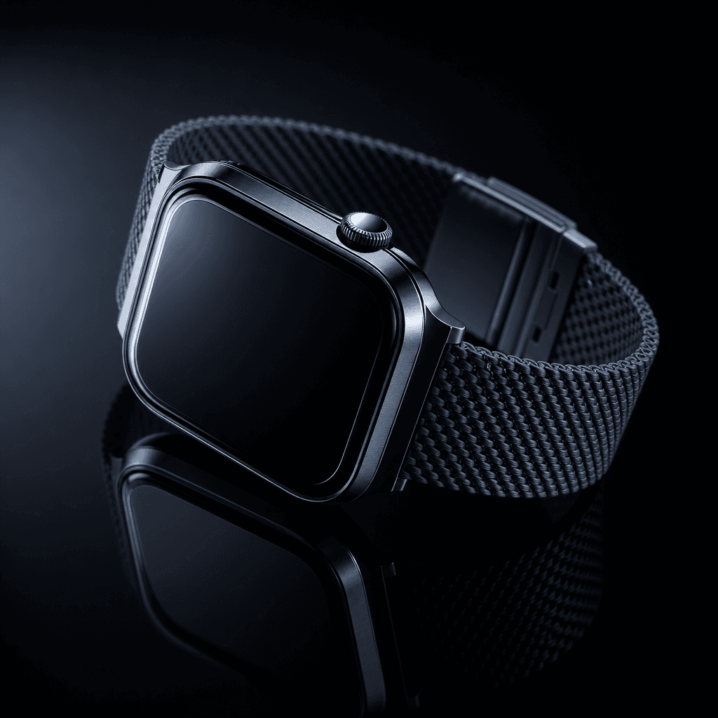 A smartwatch on a brushed-metal band at a 45-degree orbit angle over a near-black reflective surface. Cool studio lighti