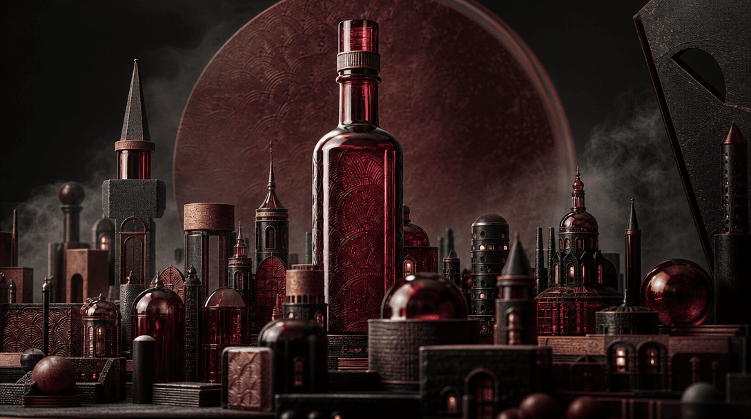 An atmospheric miniature city shaped by burgundy glass, embossed paper, dark metal, and cork textures, a central bottle-