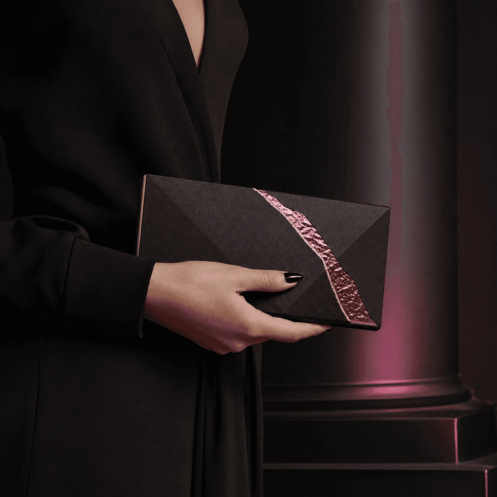 A minimalist chocolate bar package held like a couture clutch against a black architectural backdrop, sharp studio light