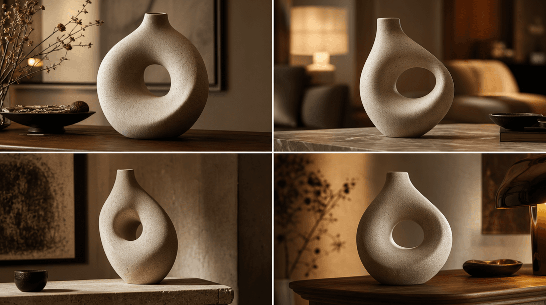 Abstract four-quadrant editorial composition: four warm-lit interior vignettes arranged in a seamless 2×2 grid, each pan