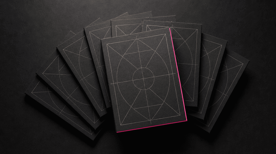 Minimal editorial composition: several identical dark rectangular cards fanned out on a matte black surface, each with s