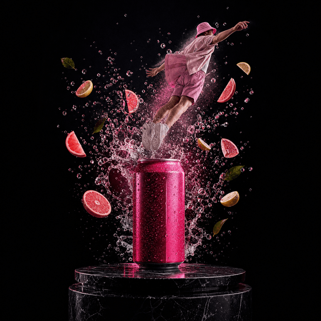A vivid canned beverage centered on a polished pedestal while an anonymous summer-clad figure flies upward through a bur