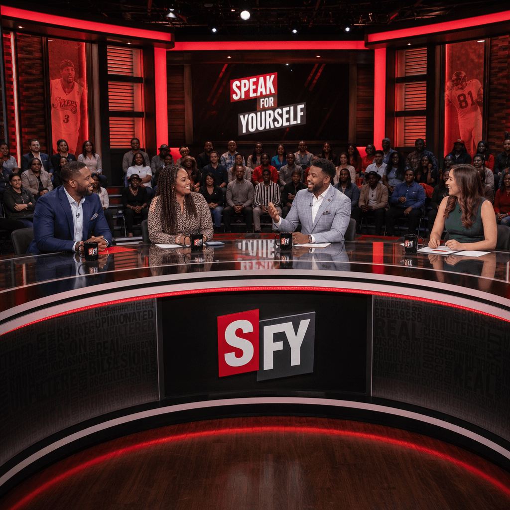 Wide studio set view with multiple hosts seated at conversation desk, audience visible in background, dramatic red accen