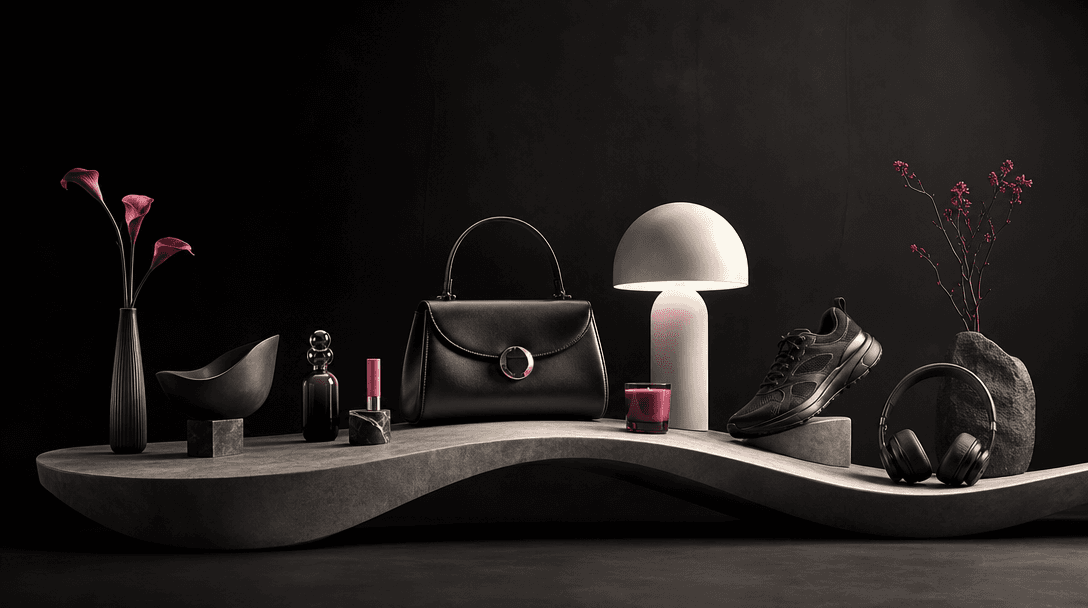 A coordinated collection of different products arranged along one continuous rolling sculptural platform, each item rece