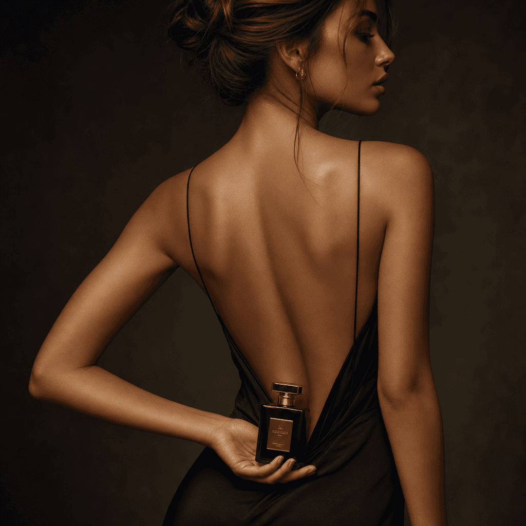 Luxury perfume bottle positioned behind back in editorial shoot, sensual styling, dark sophisticated background, profess