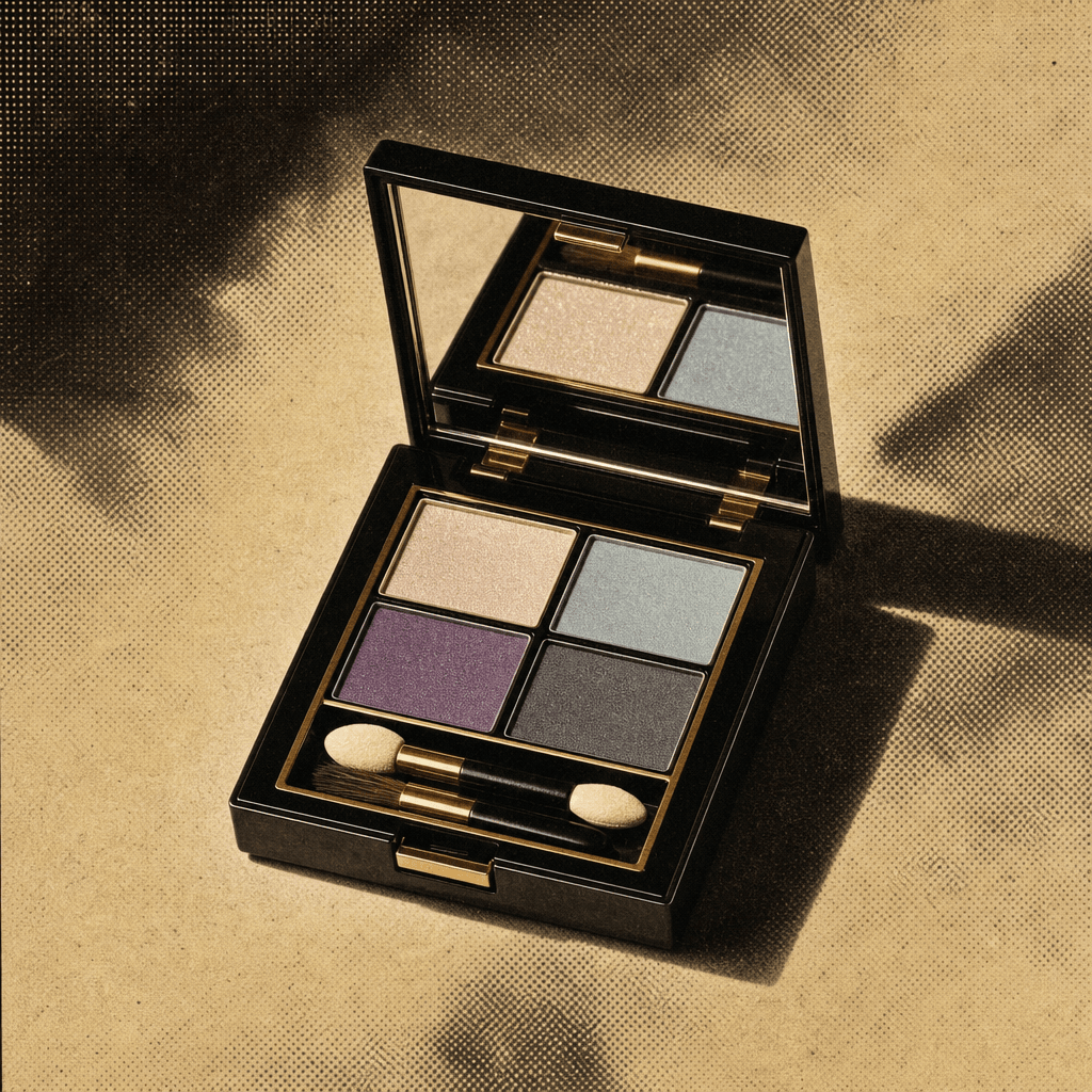 An open eyeshadow compact palette photographed in a 1960s newspaper advertisement aesthetic. Halftone dot screening laye