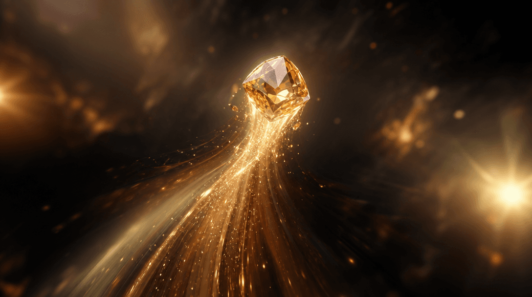 Cinematic motion abstract: jewel-like object lifting upward with trailing light particles and motion blur, warm spotligh