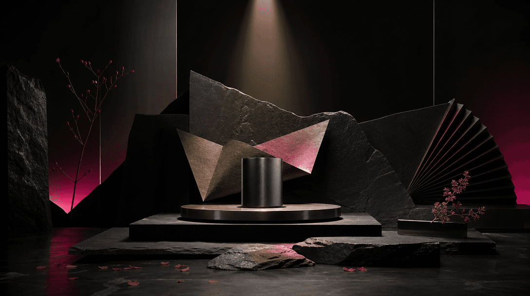 A refined product-stage concept made from black stone slabs, brushed metal, folded paper, botanical fragments, and a sin