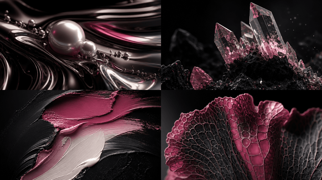 Four coordinated abstract beauty campaign environments arranged as a seamless cinematic composition: liquid pearl, cryst