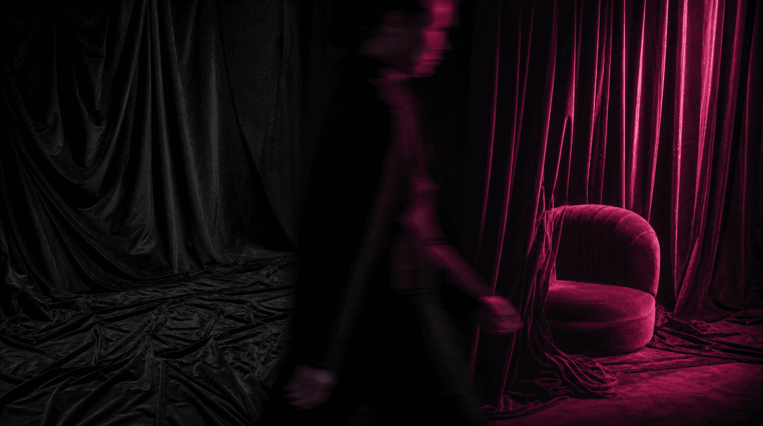 A blurred human silhouette sweeping laterally across a sharply lit fashion set, creating a natural dark wipe between two