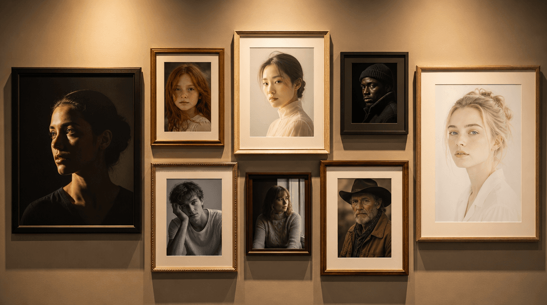 A gallery wall of framed photographic portraits, each in a distinct lighting style — dramatic side-lit, soft diffused, h