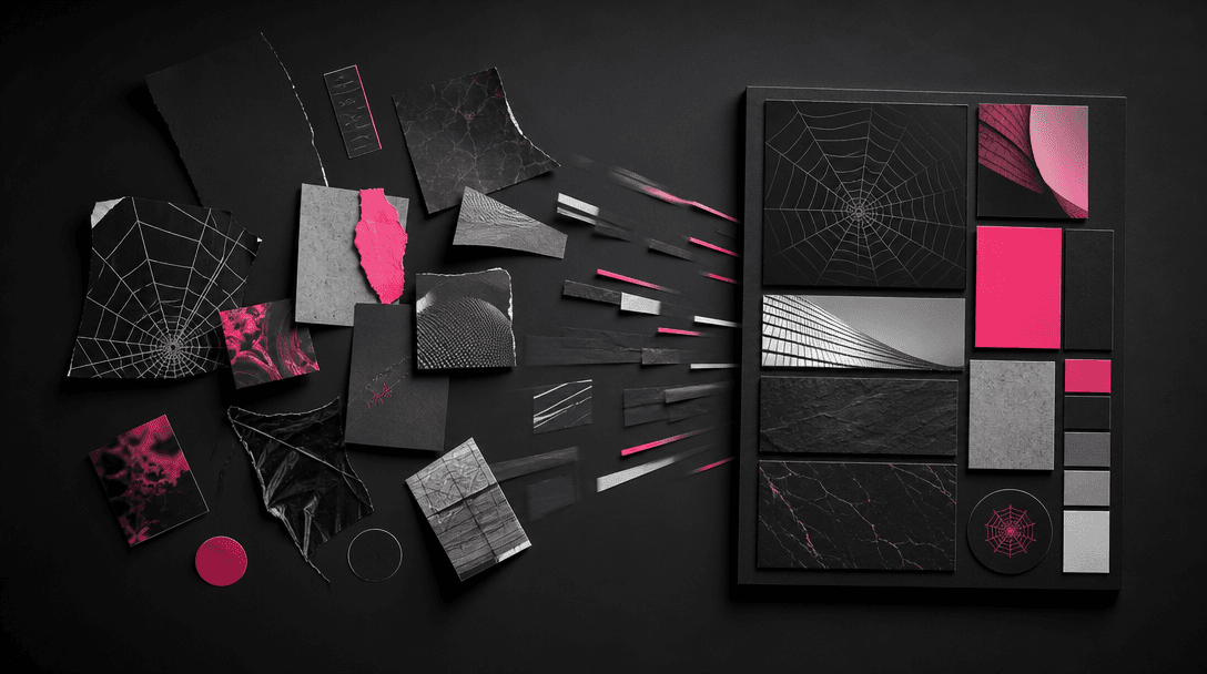 An abstract transformation from scattered web-inspired fragments into one organized brand board, represented by paper te