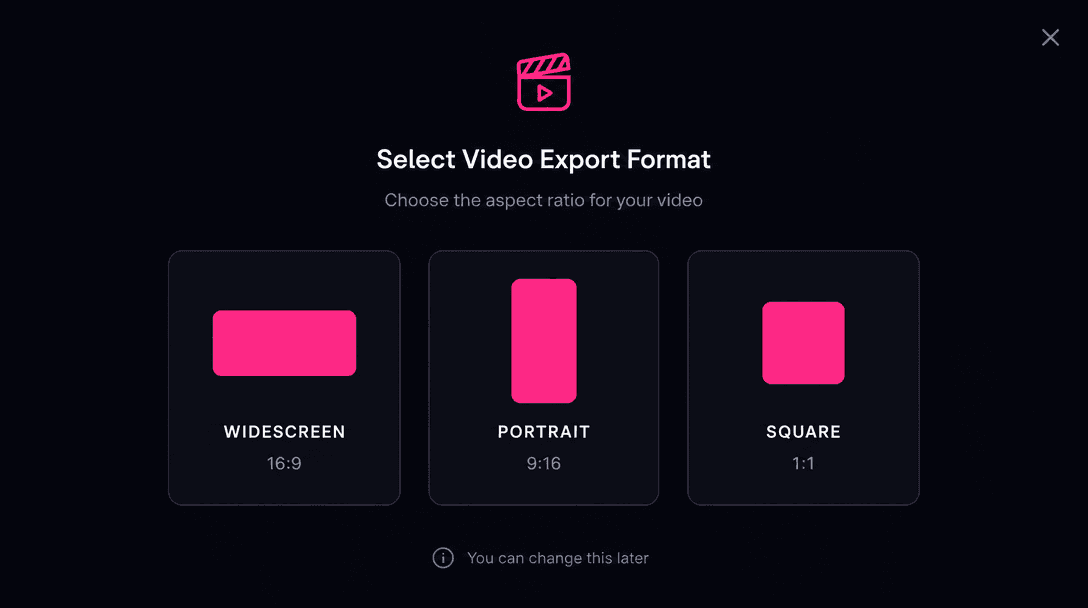 Video export format selector with dark background near #0A0A0F. Hot pink #FE28A7 buttons for 16:9, 9:16, 1:1 ratios, min