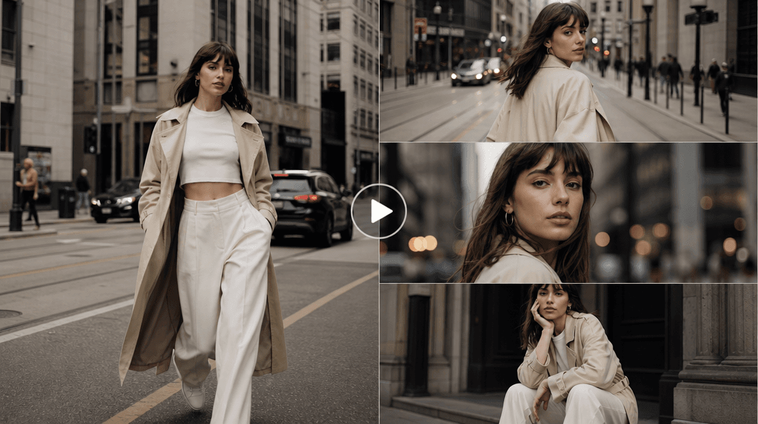 Dynamic street-style video sequence. Figure in outfit moving through urban setting. Subtle camera motion, professional f