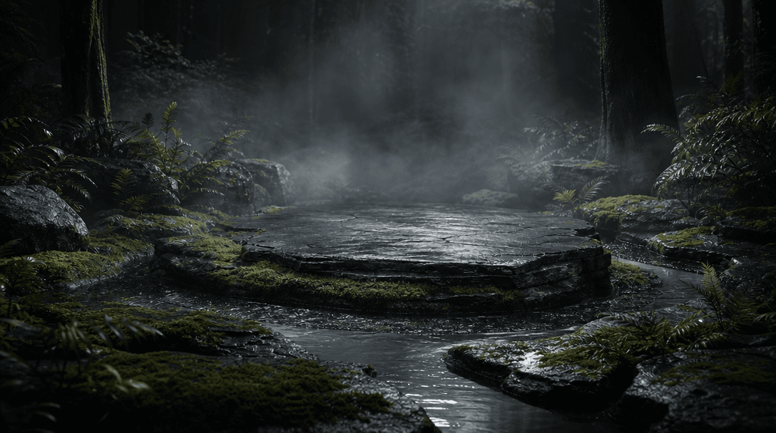 A wide cinematic landscape where a dark forest floor transitions into a polished product stage made from wet stone and m