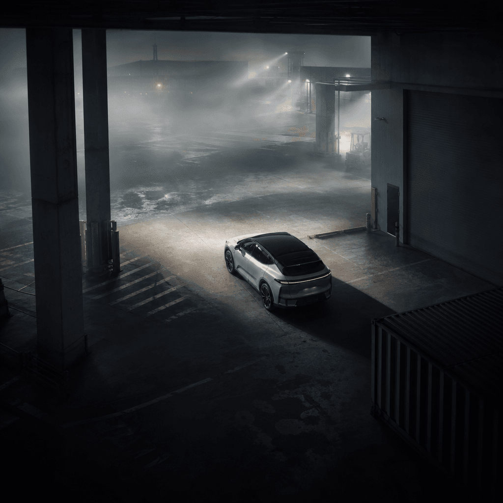 Fixed CCTV perspective over a quiet industrial loading bay at dawn, a compact electric vehicle framed between concrete c
