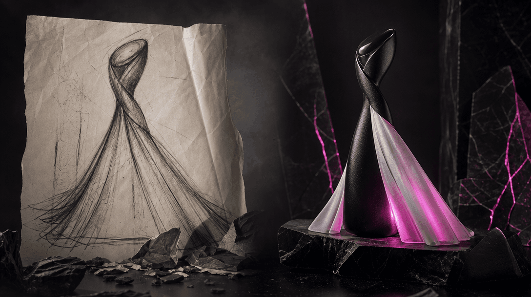 A rough physical sketch made from paper and charcoal transitioning into a polished commercial product stage of black sto